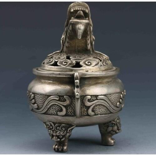 Collectible Decorated Tibet Silver Hand-Carved Incense Burner & Dragon Lid