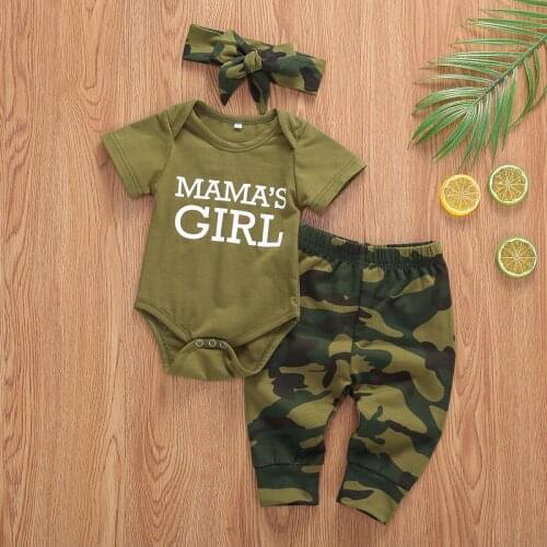 2020 New Arrival Newborn Baby Girl Boy Clothes Mommy Sayings Top Printed T-Shirt Camouflage Pants+Hats Romper Outfit Set