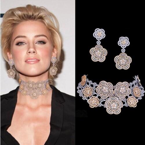 LARRAURI 2019 New Fashion Big Flower Statement Necklace Drop Earrings Resizable Rings Bracelet Women Bride Wedding Jewelry Sets