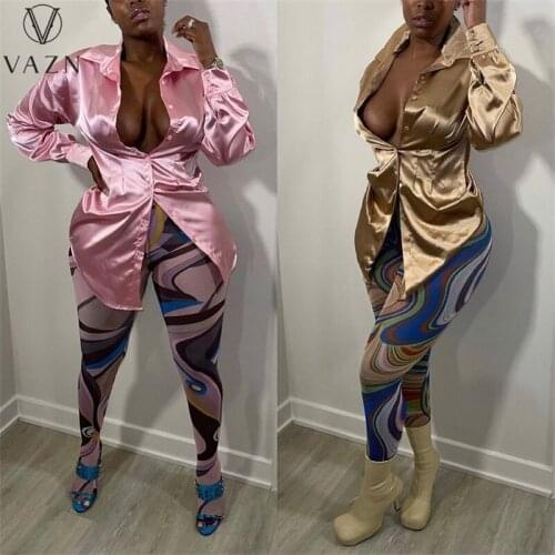 VAZN 2021 Summer Office Solid Full Sleeve Modern Style Shinny V-neck Fashion Shirts Women Top