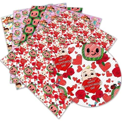 Kawaii Cartoon Pattern Printed Faux Leather Sheets Lychee Bottom Synthetic Fabric for DIY Hair Bows Earrings Craft 22*30cm