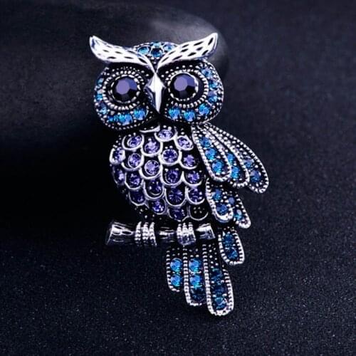 Cute Ancient Womens Mens Owl Korean Zinc Alloy Trendy Imitation Rhinestone Blue Brooch Badge Christmas Gifts Accessories