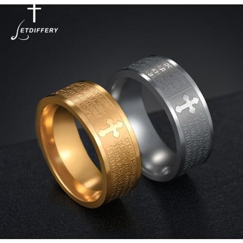 Letdiffery Stainless Steel Russian Bible Pray Cross Rings Silver Gold Color 8mm Men Women Christian Jewelry Birthday Gift