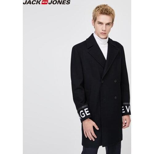 JackJones Mens Warm Contrasting Letter Embroidery Mid-length Woolen Overcoat| 219427502