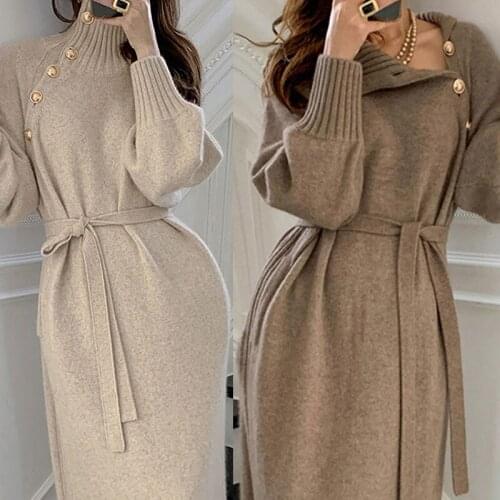 2021 Autumn Winter Womens Knitted Turtleneck Pullover Sweater Button Fashion Belt Coat Solid Female Woman Warm Maxi Dresses