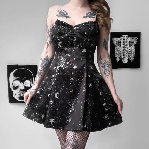 Casual Bodycon Black Dress Gothic Punk Vintage Moon Star Print Sleeveless Sexy Dersses Streetwear Fashion Lady Dress