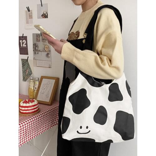 Cute Cow Pattern Women Shoulder Bags Simple Canvas Ladies Shopping Bag Large Capacity Girls Female Casual Tote Purse Handbags