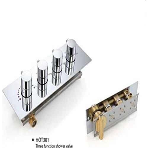 Brass Concealed 3-Outlet Thermostatic Valve Shower Mixer with Round Knobs Chrome finish (Horizontal installation, 4 Handles)