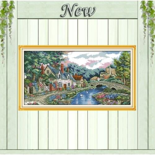 The peaceful countryside lakeside scenery painting Embroider sets Cross Stitch 14CT 11CT Counted print on canvas Needlework kits