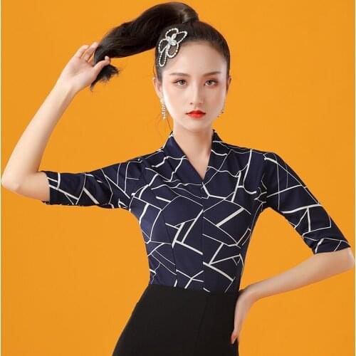 Latin Dance Tops For Women Adult Short Sleeve Practice Clothing Modern Dance Competition Stage Shirt Cha Cha Clothes DQL4983
