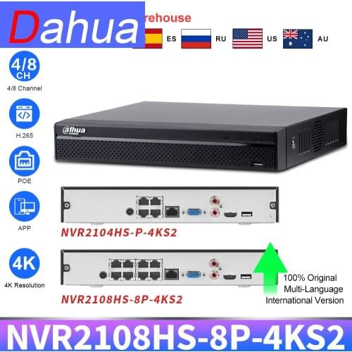 Dahua NVR 4CH 8CH 8PoE 8MP 4K NVR2104HS-P-4KS2 NVR2108HS-8P-4KS2 Video Recorder H.265 CCTV Surveillance System Security APP P2P