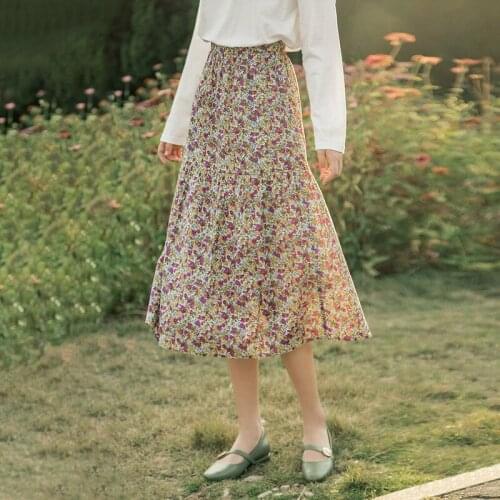INMAN Autumn Eleant Lady Midi Flower Bottoms Floral Slim Waisted Stitching Retro Vintage Sweet A-Line Mid Length Womens Skirt