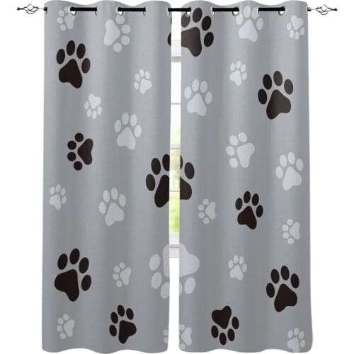 Dog Paw Black Paw Print Puppy Grey Footprint Window Curtains Living Room Curtain Home Decor