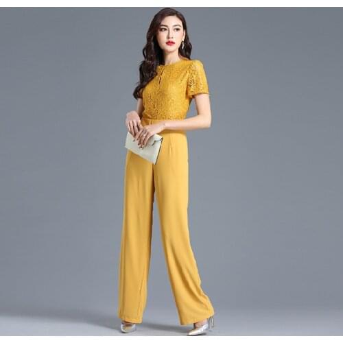 Lace Jumpsuit for Women 2020 Summer Evening Party Short Sleeve Chiffon Elegant Formal Wide Leg Rompers Plus Size 3XL 4XL Clothes