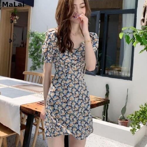 Sexy Hollow Out Women Designer Mini Dress Vintage Puff Sleeve Floral Dress 2021 Summer Korean One-Piece Lady Wedding Party Dress