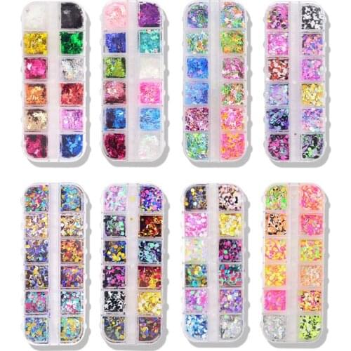 1 Box 12 colors 1-3mm Nail art butterfly sequins/12 grid strip box nail sequins butterfly/round 3D Laser Sequins Holographic