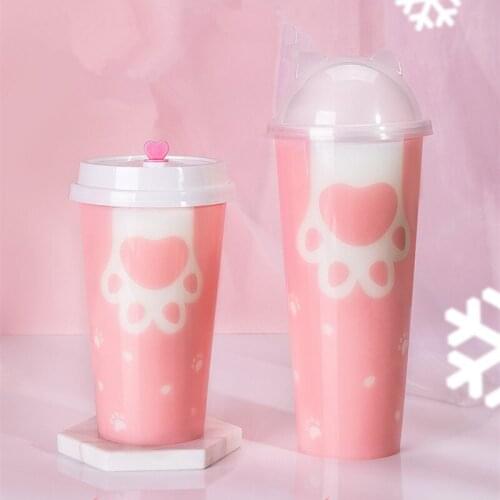 50pcs High quality 90mm caliber China red net creative disposable cups 500ml 700ml cold hot drink cute pink plastic cup with lid