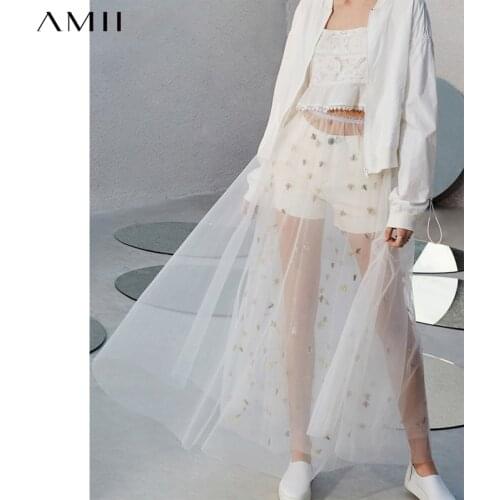 Amii Minimalism Womens Skirts Fashion Perspective Embroidery Mesh Skirts For Women Elegant High Waist Long Skirt Female 11970240