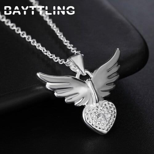 BAYTTLING 925 Sterling Silver 18 Inch Link Chain Feather Angel Heart Pendant Necklace For Woman Fashion Party Gift Jewelry