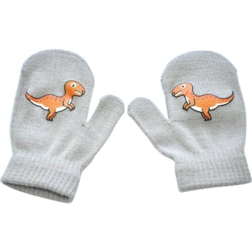 Kids Winter Warm Knit Full Finger Gloves Cartoon Dinosaur Print Stretchy Mittens Q1FE