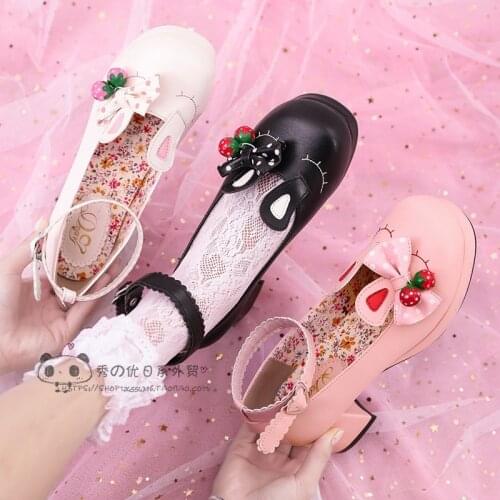 Kawaii Girl Tea Party Cos Shoes Bells Ears Japanese Middle Heel Lolita Bowknot Princess JK Uniform Lolita Shoes