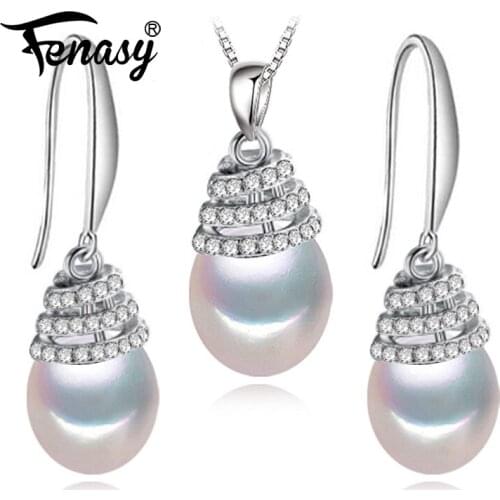 FENASY 925 Sterling Silver Jewelry Sets Natural Pearl Drop Earrings Wedding Luxury Pendant Necklace Chain Necklaces For Women