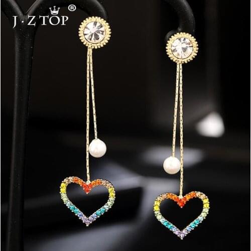 Jztop Ladies Sweet Rainbow Rhinestone Tassel Drop Earrings Hollow Pearl Star Heart Pendant Earrings Statement Jewelry Women