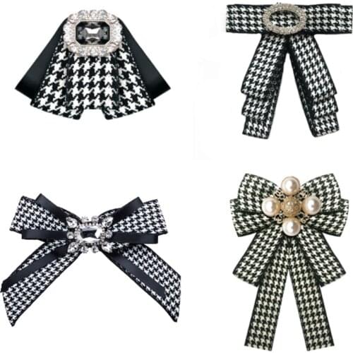 Classic Plaid Black White Fabric Bow Tie for Ladies Pearl Brooch Rhinestone Flower Shirt Collar Pin School Uniform Accessories