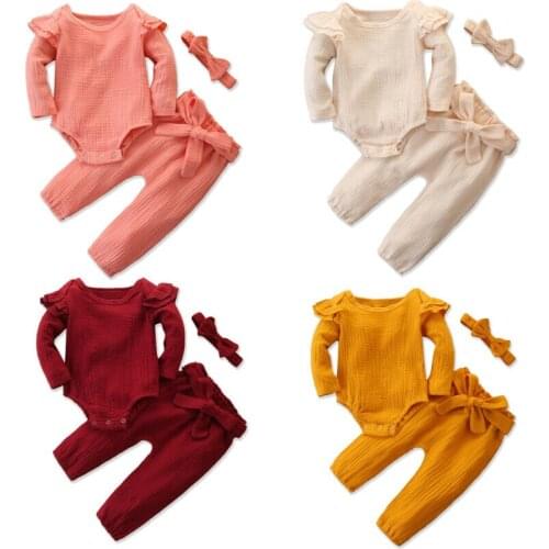 Newborn Infant Baby Boy Girl Clothes Sets 3pcs Christmas Gifts Solid Long Sleeve Romper Pants Headband Outfit Sets
