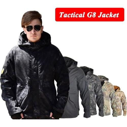 Tactical G8 Softshell Jacket Men Sport Hooded Windbreaker Elastic Waist Camouflage Jacket Hunting Clothes Hiking Camping Coat