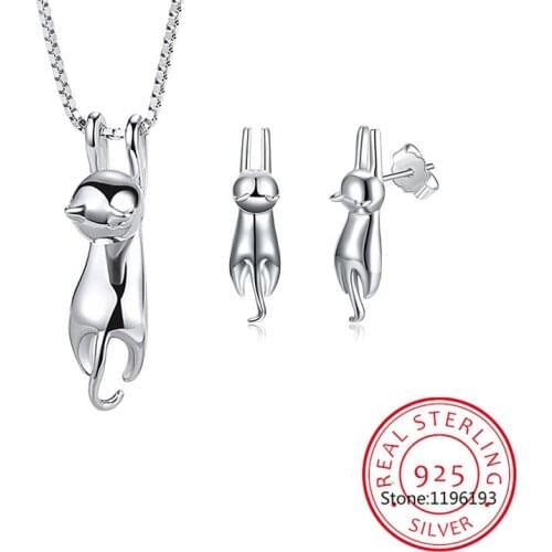 Wedding Bridal Jewelry Sets for Women 925 Sterling Silver Cute Cat Earrings Long Chain Necklaces Pendant Party Gifts
