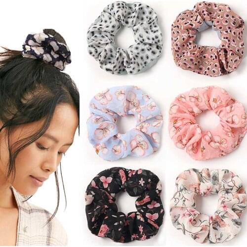 Black White Fine Cheap Elastic Chiffon Floral Leopard Print Hair Bands Scrunchy Hair Rope for Women Girls Wholesale Jewelry