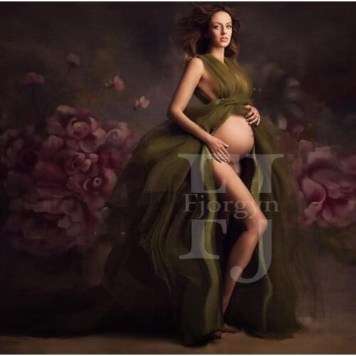 New Army Green V-Neck A-Line Female Robes Soft Ruffles Maternity Dresses High Split Robe Grossesse Shooting Photo Pregnant Dress