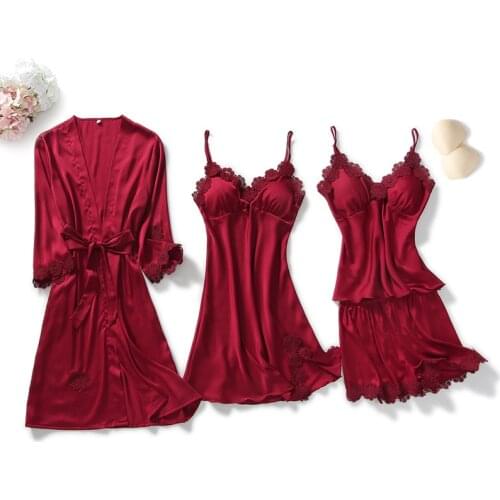 4PCS Pajamas Set Womens V-Neck Negligee Sleep Wear Pijama Home Nightie Sexy Long Sleeve Bathrobe Spring Robe Gown Suit Sleepwear