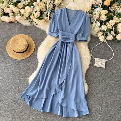 Women Summer Midi French Dress 2021 Sweet V-Neck Puff Sleeve High Waist Elegant Solid Woman Dresses Female Clothing New Year