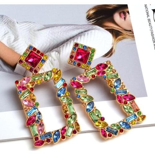 Multicolored Crystal Earrings For Women Vintage Alloy Rhinestone Square Drop Earrings Jewelry Statement Brincos