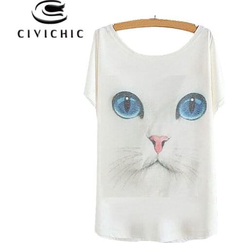 CIVI CHIC Girl Summer Loose T Shirt Woman Bat Sleeve Top Tee One Size Cotton T-shirt Cute Kitty Zebra Print Lovely Tshirt WST102