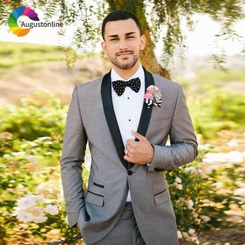 Tailored Made Grey Men Suits For Wedding Black Shawl Lapel Slim Fit Prom Costume Homme Groom Tuxedo Best Man Blazer Jacket Pants