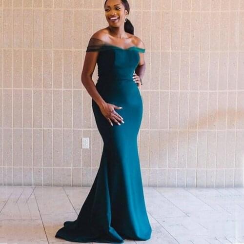YiMinpwp Teal Mermaid Bridesmaid Dresses Off Shoulder Sweep Train Pleats Wedding Guest Party Gowns Maid of Honor Dress Cheap