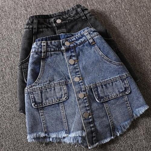 Summer autumn single-breasted anti-light denim skirt women high wiast stitching tassel a-line mini skirt