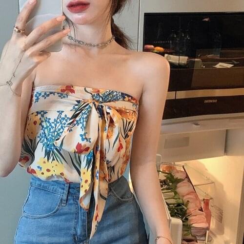 Women Floral Tube Tops Bra Blouse Off Shoulder Strapless Bow Crop Tops Shirt Beach Vacation Short Tube Top Sexy Photo Clothing