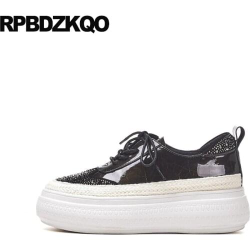 Thick sole diamond fashion women china flats creepers platform shoes rhinestone crystal muffin real leather black elevator pink