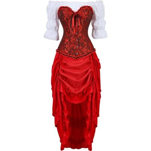 Corsets 3 Piece Outfits for Women Steampunk Embroidered Bustiers with Pirate Skirt and White Blouse Set Carnival Dance Party