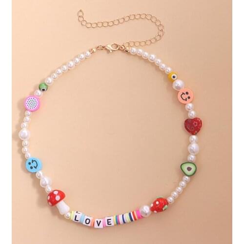 Multicolor Fruit Mushroom Acrylic Beaded Necklace Imitation Pearl For Women Girls Cute Party Choker Jewelry 34cm-40cm long,1PC