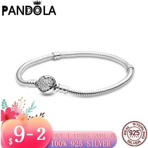 2021 new Sale 925 Sterling Silver Sparkling Heart Clasp Snake Chain Bracelet For Women For Original DIY Charms Beads Jewelry