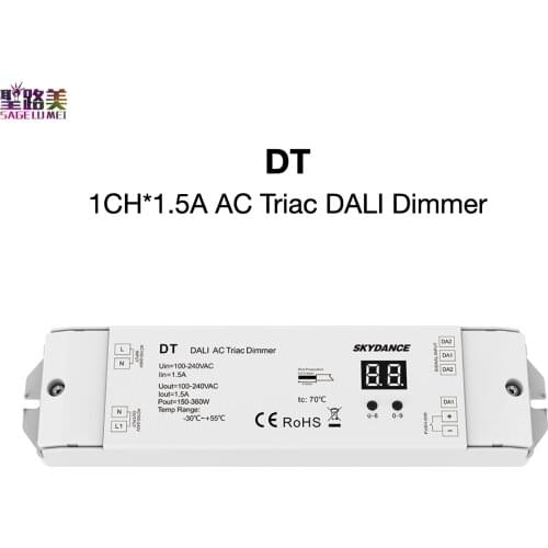DT 1CH*1.5A AC Triac DALI Dimmer 1 DALI Address 1 Channel Output Leading Edge or Trailing Edge Numeric Display SkyDance