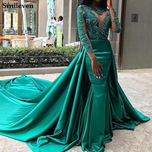 Smileven Appliques Mermaid Prom Gowns Dark Green Detachable Train Formal Evening Gown Sexy Prom Dresses Long