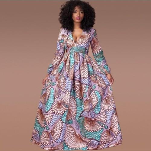 Fadzeco Elegant African Dresses Dashiki Print V Neck Long Robe Dress Vestidos Party Style Bazin Riche Autumn Fashion Sexy Dress