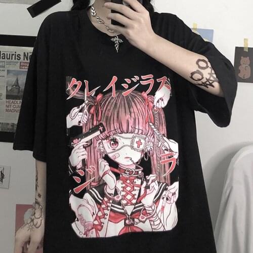 Korean women t-shirt top Harajuku Summer Short sleeve Plus size loose dropshipping vintage punk Anime cartoon print Clothing