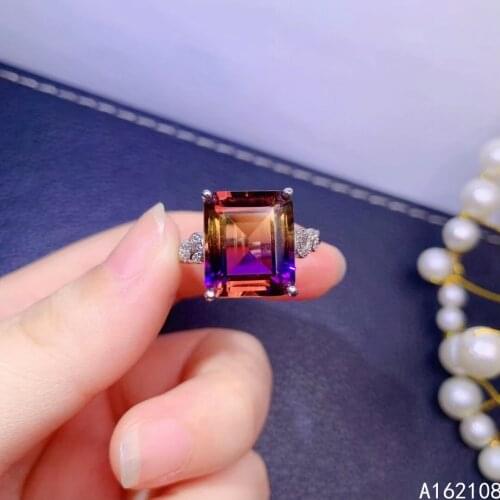 Fine Jewelry 925 Sterling Silver Inset With Gemstone Womens Luxury Trendy Rectangle Ametrine Adjustable Ring Support Detection